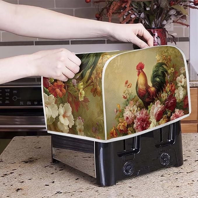 UNICEU Rooster Floral Print Toaster Cover 4 Slice Small Kitchen Appliance Covers Bread Machine Protection with Top Hook