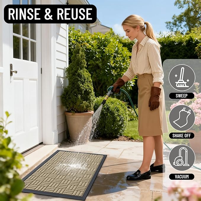 OLANLY Front Door Mat Outside Entrance 59x34, Absorbent, Heavy Duty Sturdy Natural Rubber Doormat Indoor Outdoor, Stain and Fade Resistant, Non-Slip Backing Low Profile Floor Mat for Entryway, Beige