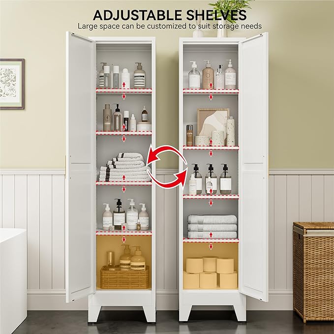 COFaR 67" Tall Pantry Cabinet, White Storage Cabinet with Magnetic Door & 4 Adjustable Shelves, Slim Freestanding Cupboard for Kitchen, Bathroom, Living Room