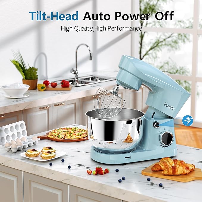 Facelle Stand Mixer, 10-Speed 6QT Kitchen Electric Mixer, Tilt-Head Food Mixer with Beater, Dough Hook, Wire Whip and Egg Separator, scraper for Most Home Cooks (Blue)