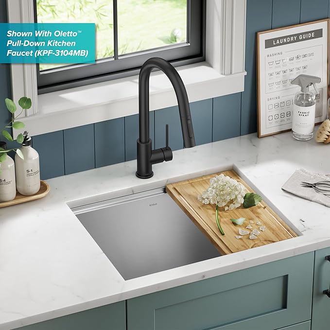 KRAUS Kore 23-Inch Undermount Workstation Single Bowl 16 Gauge Deep Laundry Utility Stainless Steel Kitchen Sink with Accessories, KWU100-23L