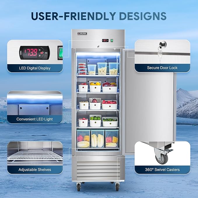 Wilprep Commercial Refrigerator 27" W 1 Door 1 Section ETL-Listed Stainless Steel Upright Fridge 23 Cu.ft Reach-in Solid Upright Fan Cooling Refrigerator for Restaurant, Bar, Shop, etc