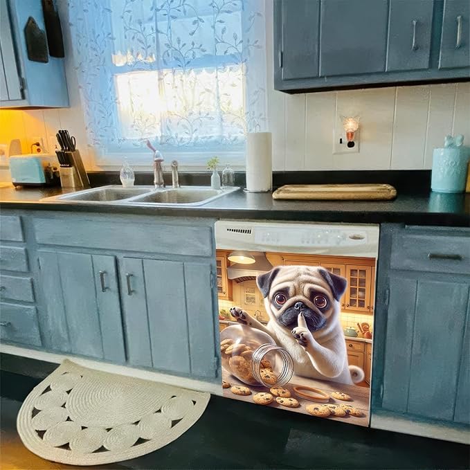 Dog Dishwasher Magnet Cover 23x26 Inch Funny Pug Dishwasher Magnet Cover Sticker Magnetic Refrigerator Panel Front Door Wash Machine Fridge Microwave Decal Home Kitchen Decorative