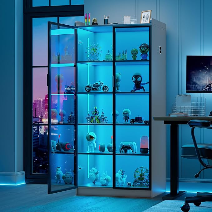 Lvifur 65" Display Cabinet with Lights, 5 Tier Curio Cabinets Bookcase with Adjustable Shelves, Tall Storage China-Cabinet with Human Body Induction for Living Room (Grey)