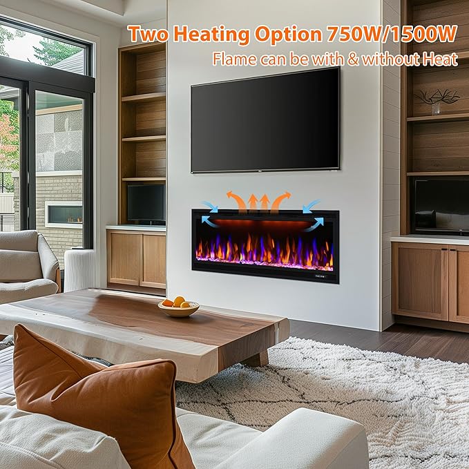 84 inch Smart Electric Fireplaces with App Control, Slim Recessed and Wall Mounted Fireplace Heater for Living Room, Multicolor Flame, Overheating Protection, WiFi-Enabled, Timer, 1500W, Black