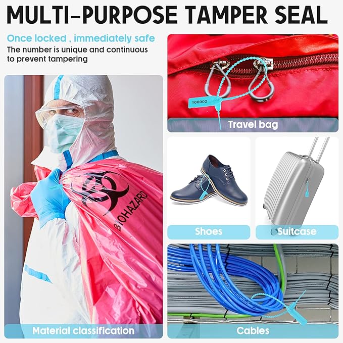 1000 Pcs Plastic Tamper Seals Fire Extinguisher Tags Security Tags Seals Safety Numbered Zip Ties Labels Safety Disposable Self Locking Signage 250 mm Length (Light Blue)