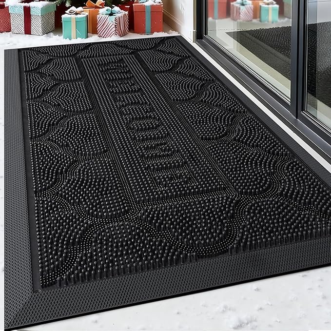 FRAMICS Front Door Mat Outside Entrance, Heavy Duty Rubber Door Mats Outdoor Welcome Mat Waterproof Doormat Non Slip for Entryway Doormats Dirt Trapper Indoor Mats All Seasons, 17 x 30 Inches, Black