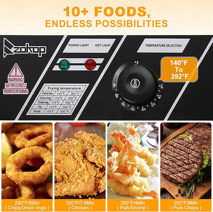 22.8QT/21.6L Commercial Deep Fryer with Basket and Lid, 5000W Electric Fryer, Countertop Oil Fryer for French Fries, Onion Rings, Donuts, Temperature Adjustable 140-392℉, Stainless Steel Double Tank