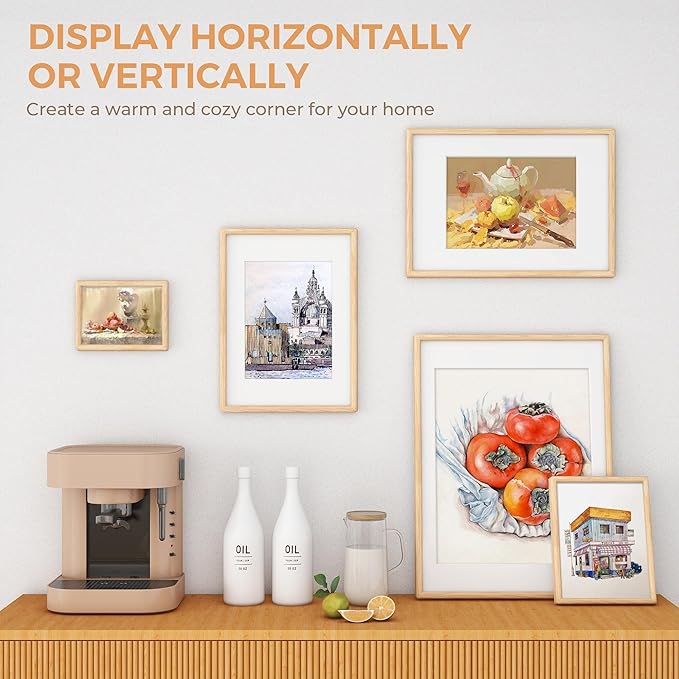 Axeman 8.5 by 11 Oak Frame - Rounded Corner 8.5 x 11 Picture Frame Matted to 6x8 - Natural Oak Wood 8.5x11 Photo Frame with Tempered Glass for Tabletop or Wall Mount Display