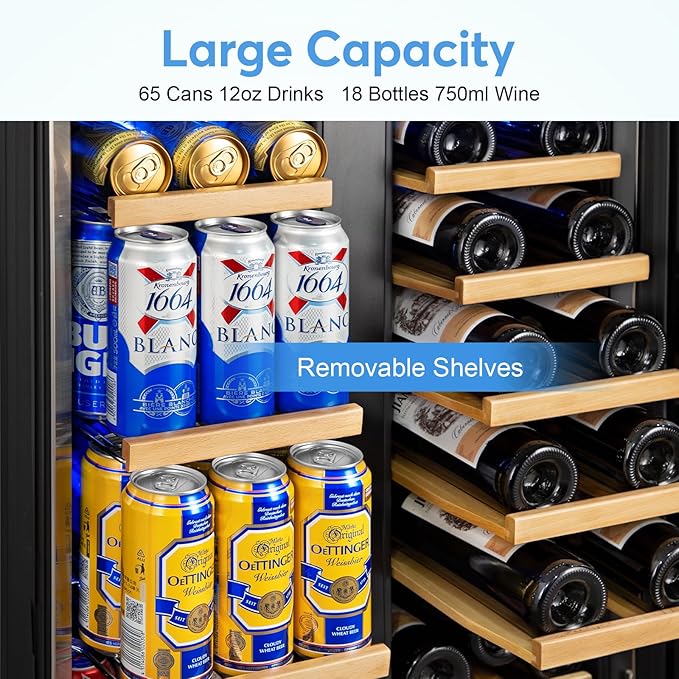 Wine and Beverage Refrigerator with Glass Door, 24-Inch Dual Zone Wine Fridge Under Counter - 18 Bottle and 88 Can Large Capacity Led Blue Light Smart Fast Cooling Wine Cooler