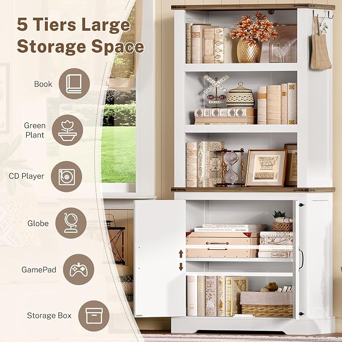 TEENFON 70.9in Tall Storage Cabinet with Adjustable Shelves, 5-Tier Bookshelf with Barn Doors, White Farmhouse Wood Bookcase for Living Room, Bedroom