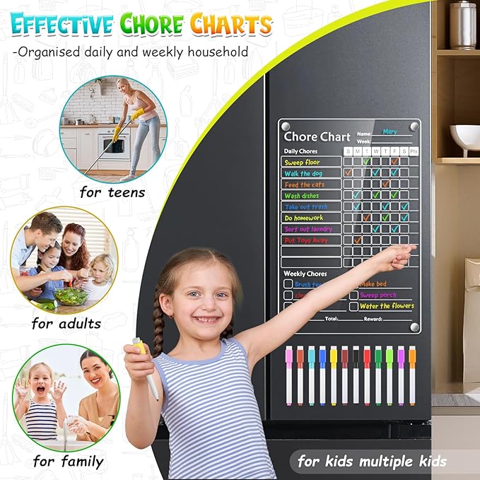 Acrylic Magnetic Chore Chart for Kids,Chores Chart for Fridge Refrigerator,Dry Erase Behavior Chore Chart for Multiple Kids,Reward Chart for Multiple Kids Teens Adults Family,8"x12" (White-1 Pack)