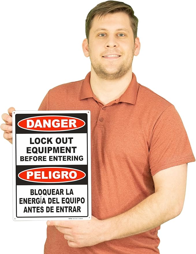 Brimar - 10 x 14" - Bilingual Danger Lock Out Equipment Sign - Polyethylene Plastic - Bilingual Design - Easy Installation