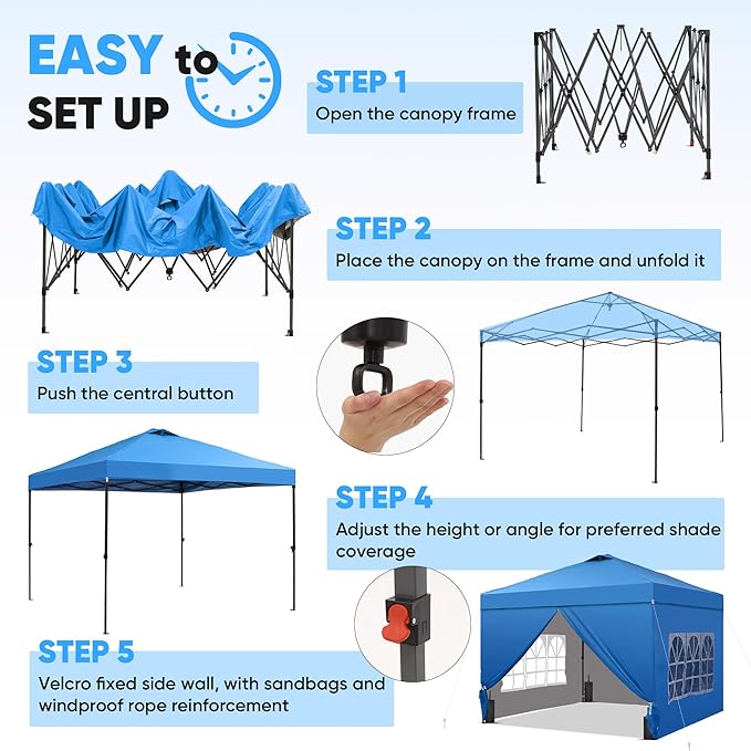 Saemoza 12x12 Pop Up Canopy Tent with One Push Setup, Portable Sun Shade Tent, Instant Easy Up Canopy with 4-Sidewalls & Wheeled Bag, Outdoor Fldable Gazebo with Vent Top, Blue.