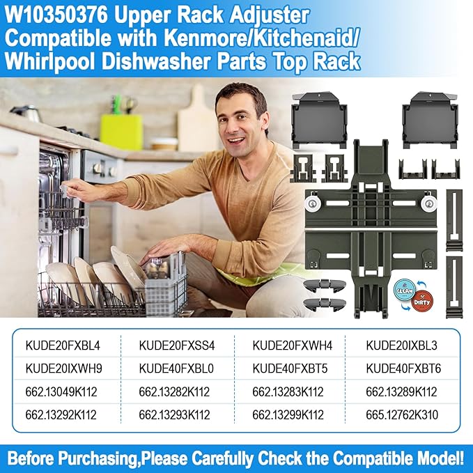 Upgraded W10350376 Dishwasher Upper Rack Adjuster & W10195372 W10195373 Dishrack Adjuster Housing for Kenmore/Whirlpool Dishwasher Parts Top Rack W10350374,W10195840,W10712394 Top Rack Parts,12Packs