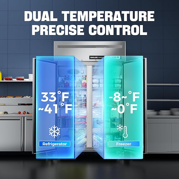 Coolake 48" W 2 Door Commercial Refrigerator and Freezer Combo, 36 Cu.ft 2 Section Stainless Steel Solid Door Fan Cooling Upright Reach in Freezer for Restaurant, Bar, Shop, Garage