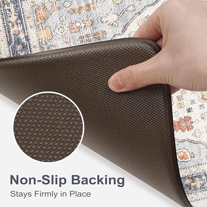 Collive Boho Floor Mats 2 PCS, Cushioned Anti-Fatigue Non-Skid Waterproof Under Sink Mat, Blue/Multi Comfort Standing Desk Mat for Office, Home & Kitchen, 17"x30"+17"x47"