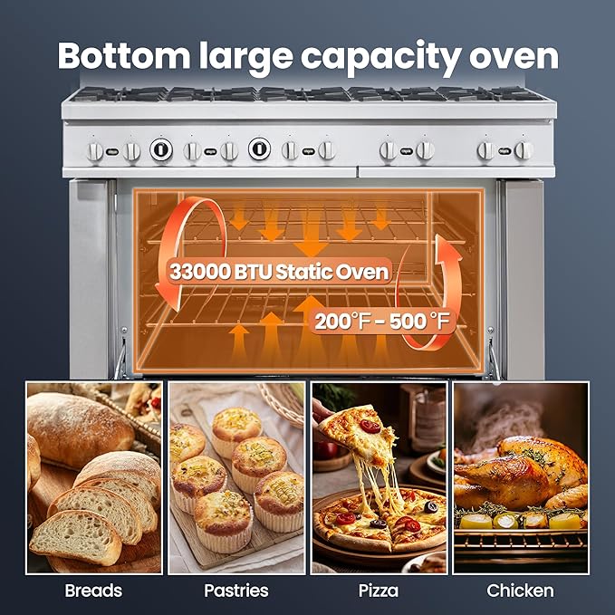 Commercial 60" Gas Range with Convection Oven, 10 Open Burners and Under Full Size Oven 300000 BTU & 33000 Static Oven,NG/LPG Conversion kit, Manual Gas Valve,Freestanding Gas Range for Restaurants