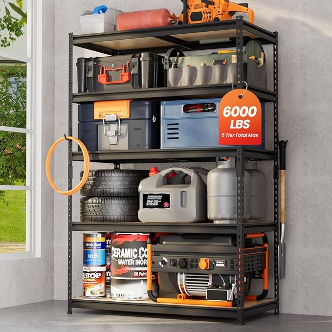 DYNALOAD 6000 Lbs Heavy Duty Garage Shelving, 5-Tier Adjustable Metal Storage Shelves, Boltless Steel Utility Rack for Garage Basement Warehouse, 48" W x 24" D x 72" H