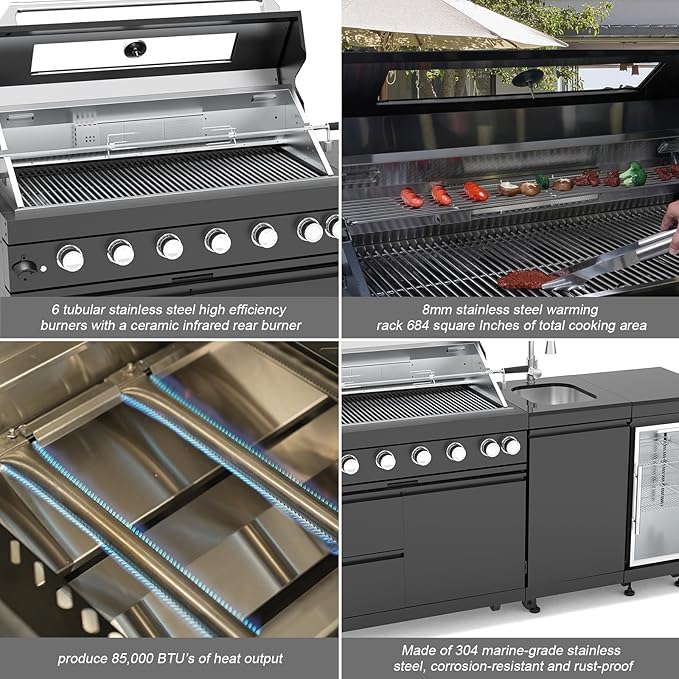 Outdoor Kitchen Island, 82 Inch 6 Burner Gas Grill Combination With Refrigerator and Sink, Outdoor Stainless Steel Barbecue Bar, 85000 BTU Propane Grill for Patios, Gardens, Parties