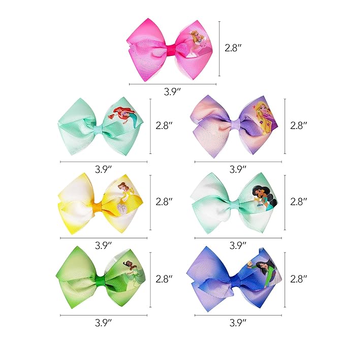 Disney Princess - Girls Hair Accessories Gift Set - Kids Hair Bows - 7 Pcs 4 Inch Bundle - Different Princess on Each Clip - Alligator Clip Ages 3+