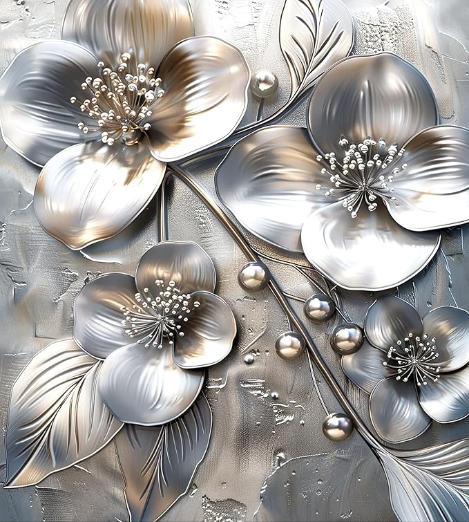 Silver Embossed Flower Magnetic Dishwasher Cover 23x26 Inch Floral Pearl Panel for Fridge Appliance Kitchen Door Magnet Sticker Surface Wrap Decorative Metal Look Art
