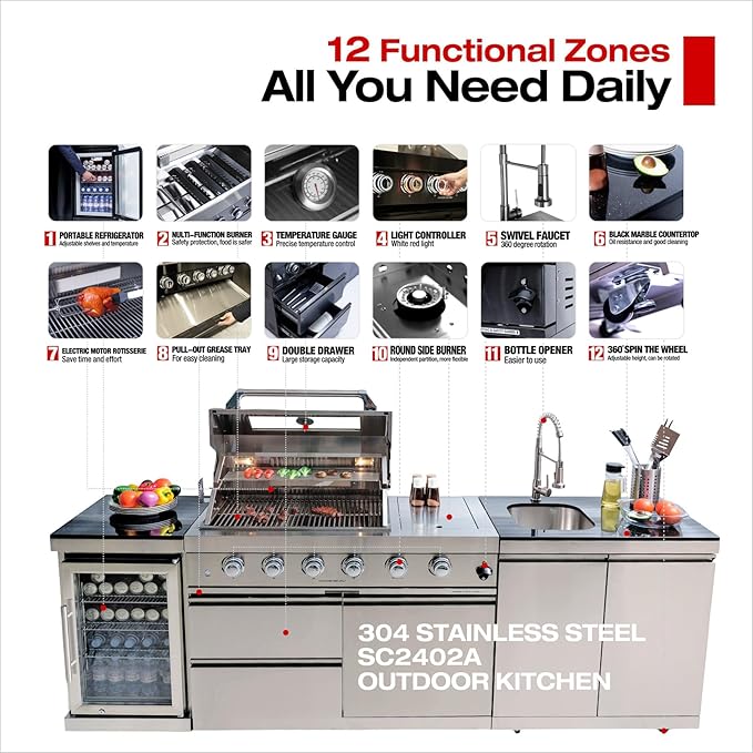 4 Burner Outdoor Kitchen Island with Grill and Side Burner, Deluxe Stainless Steel Modular Outdoor Kitchen, 72000 BTU, Gas Propane BBQ Island with Refrigerator, 2 Doors Sink, Rotisserie, 104"W, Silver
