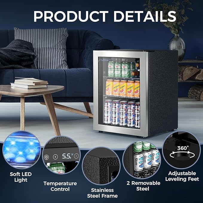 68 Cans Beverage Refrigerator Cooler,1.7 cu.ft Mini Fridge with Seamless Stainless Steel & Glass Door for Beer, Soda,Wine, Digital Temperature Control for Home Office Bar