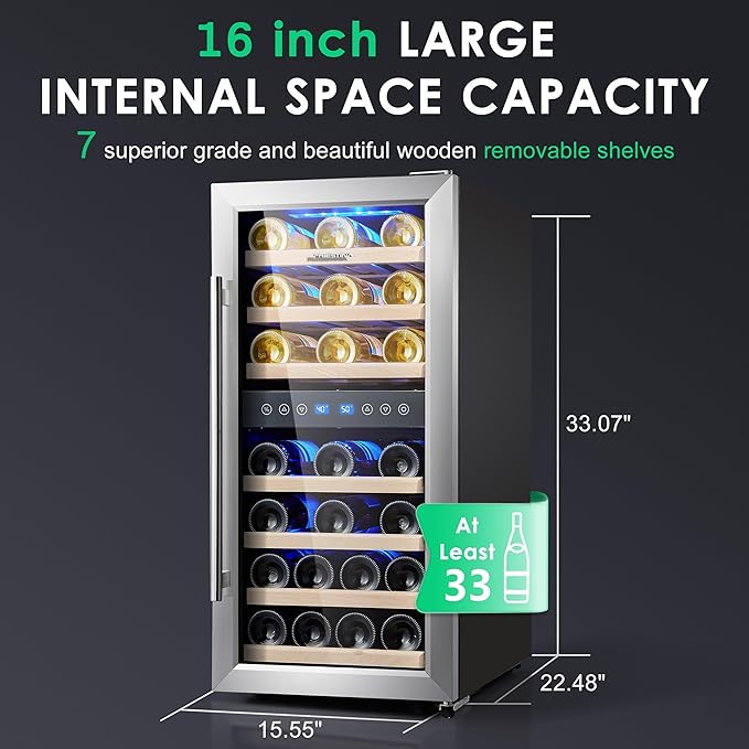 Phiestina Wine Cooler Refrigerator 16 inch Freestanding Wine Refrigerator 33 Bottles Dual Zones Mini Wine Fridge Auto Defrost with Temperature Memory Glass Door 7 Removable Shelves Quiet