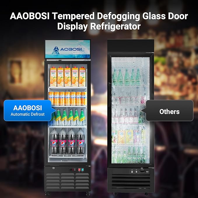 AAOBOSI Commercial Merchandiser Refrigerator,12.2Cu.Ft Glass Door Display Refrigerator,Upright Beverage Cooler Fridge with Soft LED Light, Customizable Lightbox,Universal Casters, Adjustable Shelves