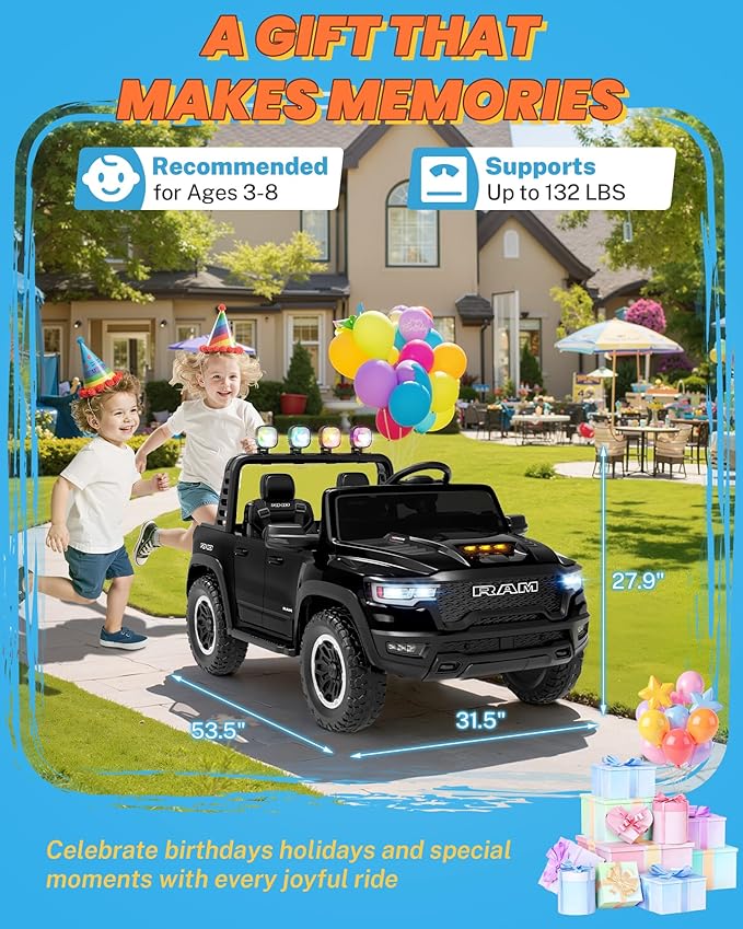 ENYOPRO 24V Ride on Toys for Big Kids, Licensed RAM 1500 RHO 2 Seater Toddlers Ride on Car w/Remote Control, Kids Electric Car w/Truck Bed Storage, Real Tailgate, Bluetooth, USB, LED Lights (Black)