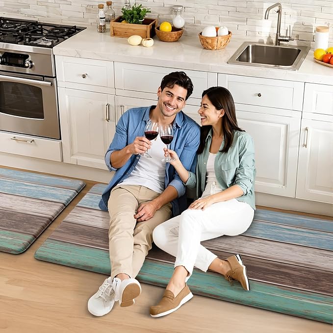 MAYHMYO Anti Fatigue Kitchen Mat for Floor Set of 2 Teal Farmhouse Comfort Mats Cushioned Non Slip Waterproof Kitchen Rugs Standing Kitchen Mats for Floor House Sink Office