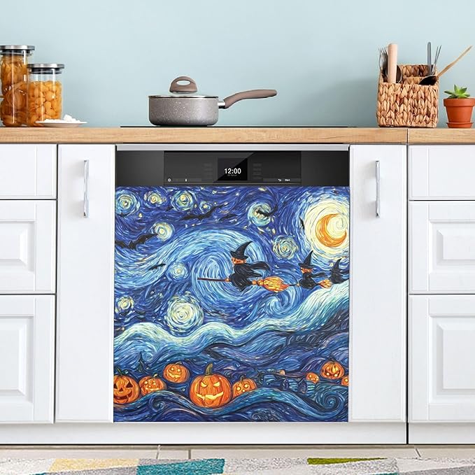 Halloween Witch Starry Blue Dishwasher Magnet Cover Front Door Magnetic Dishwasher Cover Decorative Refrigerator Magnet Covers Fridge Panel Decal for Home Decor, 23" x 26"