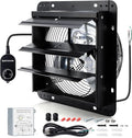 10 Inch Wall Mounted Shutter Exhaust Fan with Thermostat and Speed Controller for Attic, Greenhouse, Shed, Garage, Chicken Coop, Shop, Barn Ventilation, 820 CFM Louvered Vent Fan, Black