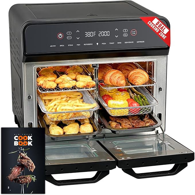 24Qt Dual Zone Air Fryer Oven with Rotisserie, Extra Large Double Air Fryers Mini Oven Digital 1800W 10 in 1 Airfryer Countertop Convection Toaster Oven Combo, Stainless Steel Inner, 360° Even Heating