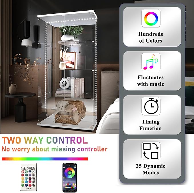 Glass Display Cabinet with LED Light Strip & Mirror Back Panel, 4 Shelves with 2 Doors, Curio Storage Cabinets with Lock for Living Room, Office, Floor Standing Glass Bookshelf - White
