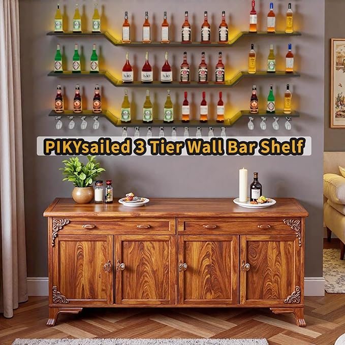 70.9" Wall Mounted LED Wine Rack, 3-Tier Floating Bar Shelves, Large Liquor Shelf with Wine Glass Rack, Large Bar Rack Wall Mounted for Liquor Bottles, Home Bar, Dining Room or Cafe, Gold