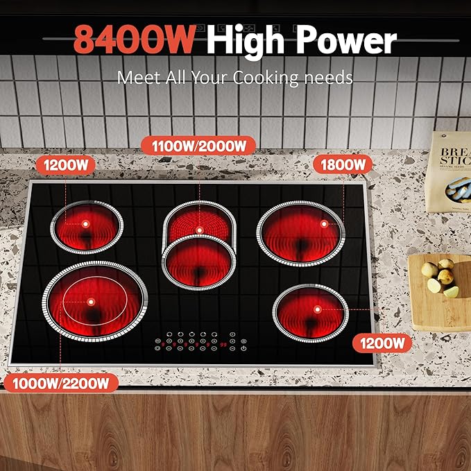 30 Inch Electric Cooktop, 5 Burner Electric Stove Top Touch Control, 8400W Built-in Ceramic Stovetop Burner 30" with Expandable Zone, Child Lock, Timer, Overheat Alert, 220-240v Hardwired