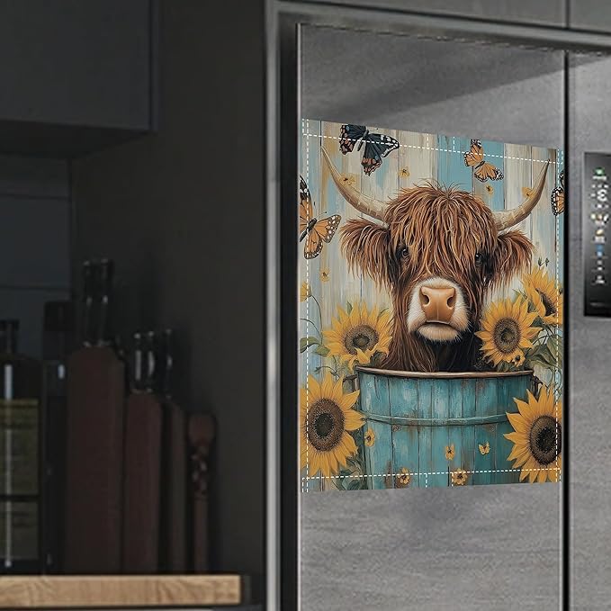 Highland Cow Magnetic Dishwasher Cover,Sunflower Butterfly Dishwasher Covers for The Front Magnetic Dishwasher Panel Decal Cover for Kitchen 23x26inch