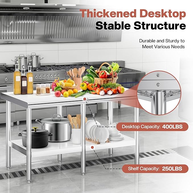 Jocisland 30" x 60" Stainless Steel Table for Prep & Work Adjustable Under Shelf and Feet, for Commercial Kitchen, Restaurant, Hotel, Garage