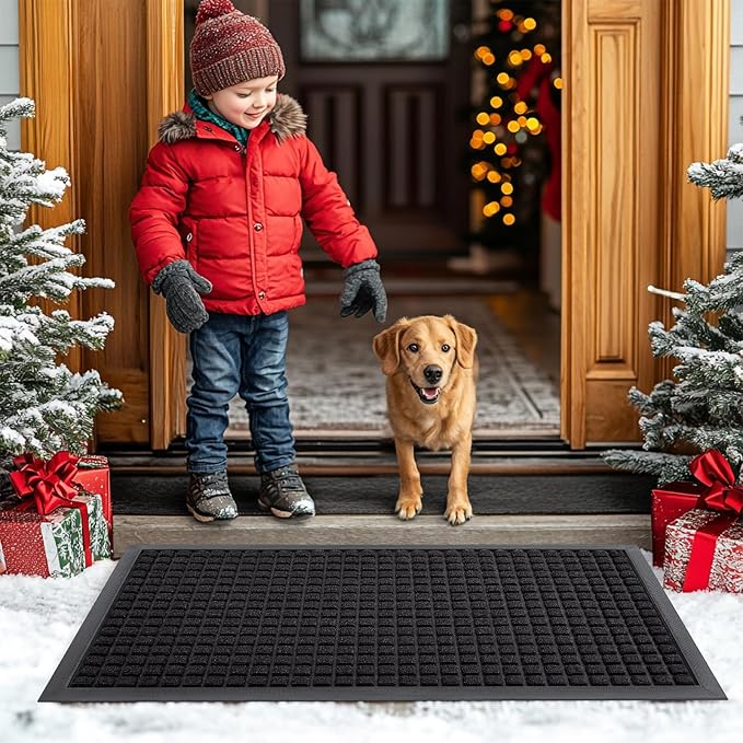 Smiry Front Door Mat Outside Entrance, Heavy Duty Natural Rubber Doormat, Non Slip, Trap Dirt and Moisture, Easy Clean, Low Profile Welcome Floor Mats for Indoor Outdoor Entry, 35x23 Inch, Black