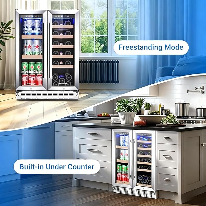 AAOBOSI Upgraded 88 Cans Dual Zone Wine and Beverage Cooler,Built-in and Freestanding,Removable Fashion Wooden Frame,Intelligent Digital Temperatrue Control,Low Noise,Dual Zone 24 Inch 19 Bottles