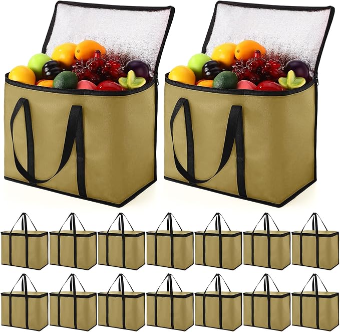 Kenning 15 Pcs Large Insulated Reusable Grocery Bags with Sturdy Zipper and Handles Foldable Washable Cooler Totes Heavy Duty Hot or Cold Food Delivery Bag for Food Transport Travel Lunch (Khaki)