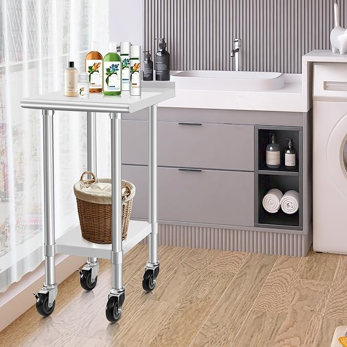 HARDURA Stainless Steel Commercial Work Table with Wheels Prep & Work Metal Table 24×24 Inches Heavy Duty NSF with Casters and 2" Backsplash