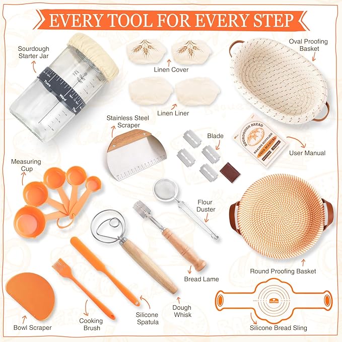 Sourdough Starter Kit, Sourdough Bread Baking Supplies, Sour Dough Starter Kits, Woven Bread Proofing Basket, Sourdough Kit Jar Sour Dough Bread Making Tools Kit Accessories, Gifts for Women Mom Wife