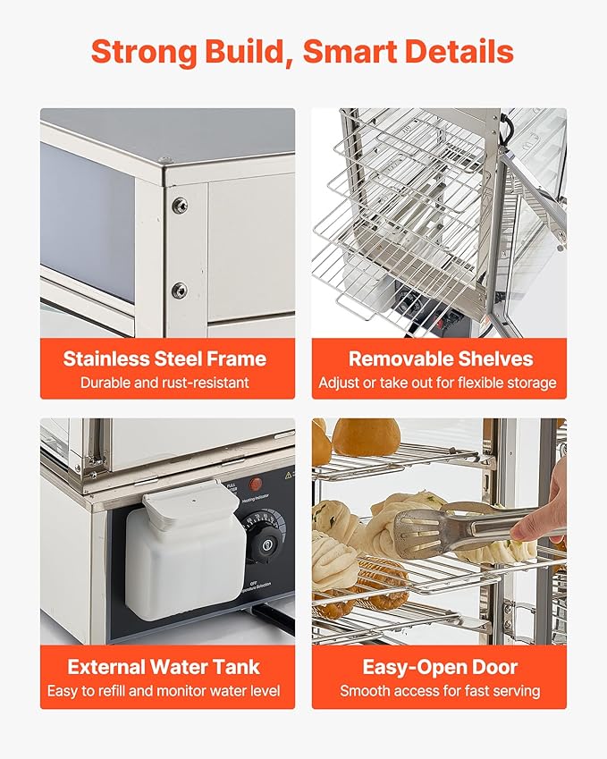 VEVOR 5-Tier Commercial Food Warmer Display, 1200W Food Display Warmer with LED Light, Adjustable Shelf & Stainless Steel Frame, 86℉~230℉ Steam Heating, 120L for Hamburger, Pizza, Bread, Fried Chicken