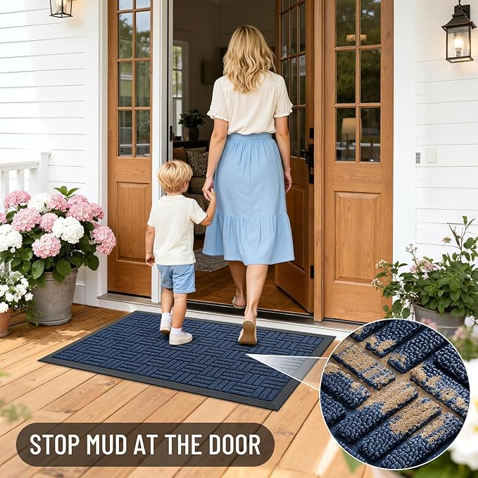 OLANLY Front Door Mat Outside Entrance 35x23, Absorbent, Heavy Duty Sturdy Natural Rubber Doormat Indoor Outdoor, Non-Slip, Stain and Fade Resistant, Low Profile Floor Mat for Entryway, Navy Blue