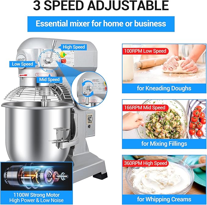 20 qt 1100W Commercial Food Mixer, Commercial mixer 3-Speed Adjustable Heavy Duty Stand Mixer with Stainless Steel Bowl for Bakery Pizzeria. (Stand)