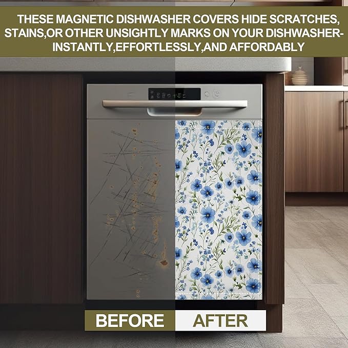 Blue Floral Magnetic Dishwasher Cover,Cornflower Dishwasher Covers for The Front Magnetic Dishwasher Panel Decal Cover for Kitchen 23x26inch