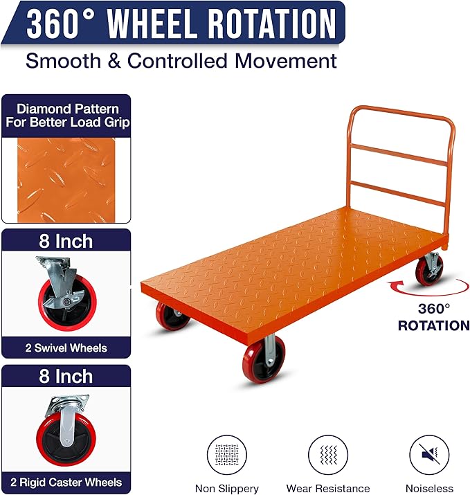 Platform Cart Industrial Dolly Cart 3300LB Heavy Duty 48” x 24” Platform Hand Truck Push Cart Super Heavy Duty Diamond Plate Commercial Flatbed Cart with 8'' Moving Swivel Wheels (Orange)